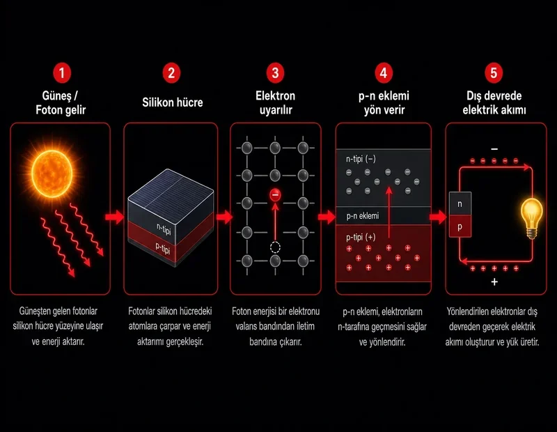 Güneş paneli şeması: foton, silisyum hücre, elektron uyarımı, p-n eklemi ve dış devrede elektrik akımı