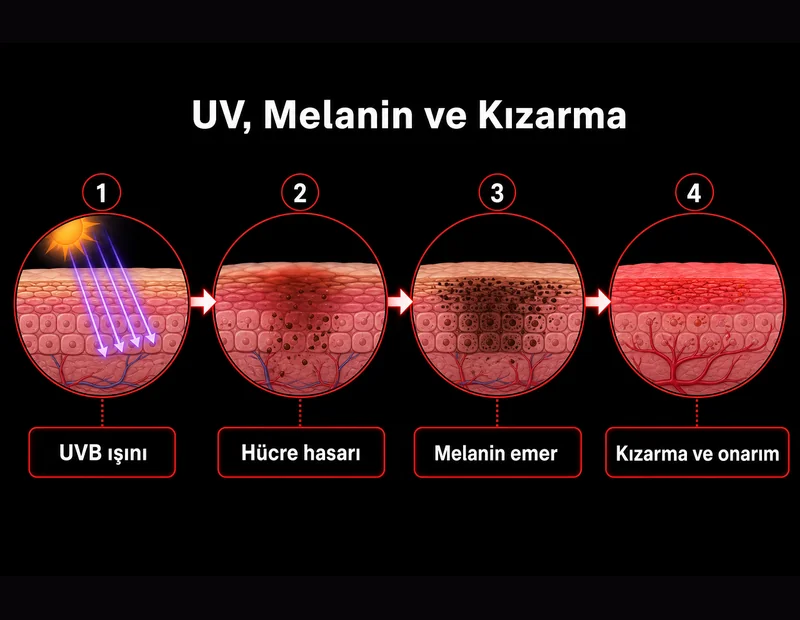 Güneş yanığı neden kızarır şeması: UVB hasarı, melanin emilimi, kızarma ve cilt onarım kimyası