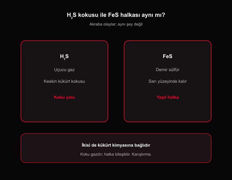 Yumurta H2S kokusu ile FeS yeşil gri halka farkı: demir sülfür karşılaştırma şeması