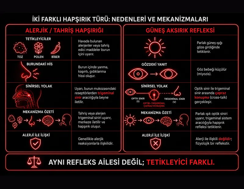 Hapşırık türleri karşılaştırması: alerjik tahriş hapşırığı ile güneş aksırık refleksi yan yana