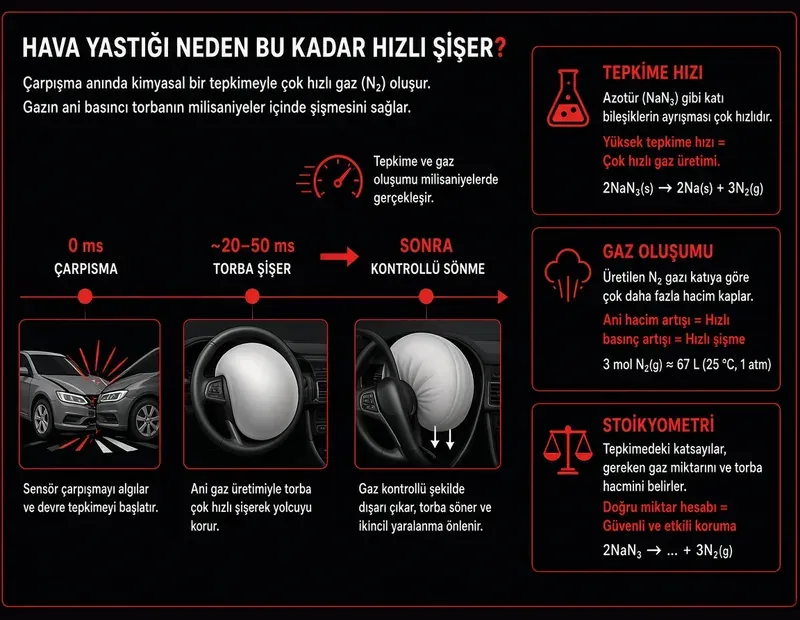Hava yastığı kaç milisaniyede şişer? Zaman çizgisi ve tepkime hızı gaz oluşumu stoikiometri şeması TYT