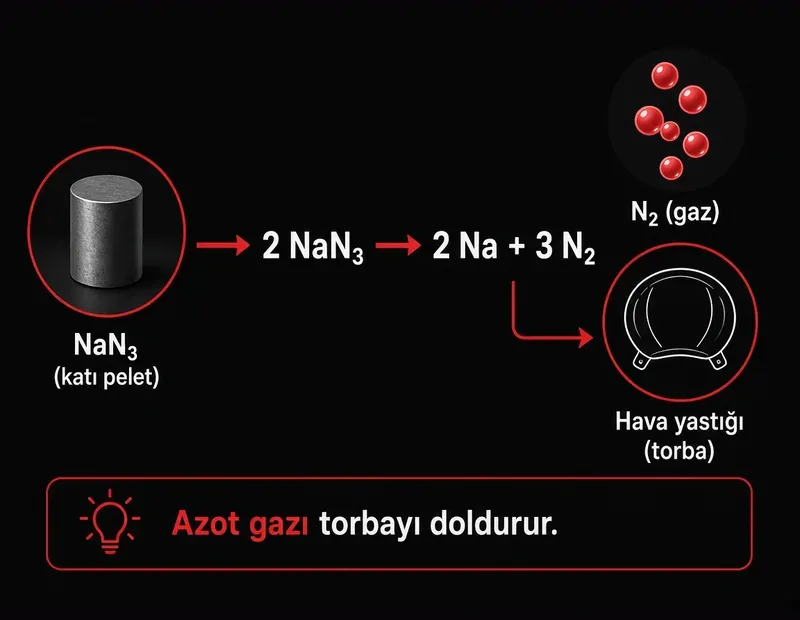Sodyum azid nedir? 2 NaN3 → 2 Na + 3 N2 denklemi ve azot gazı torba şeması TYT kimya