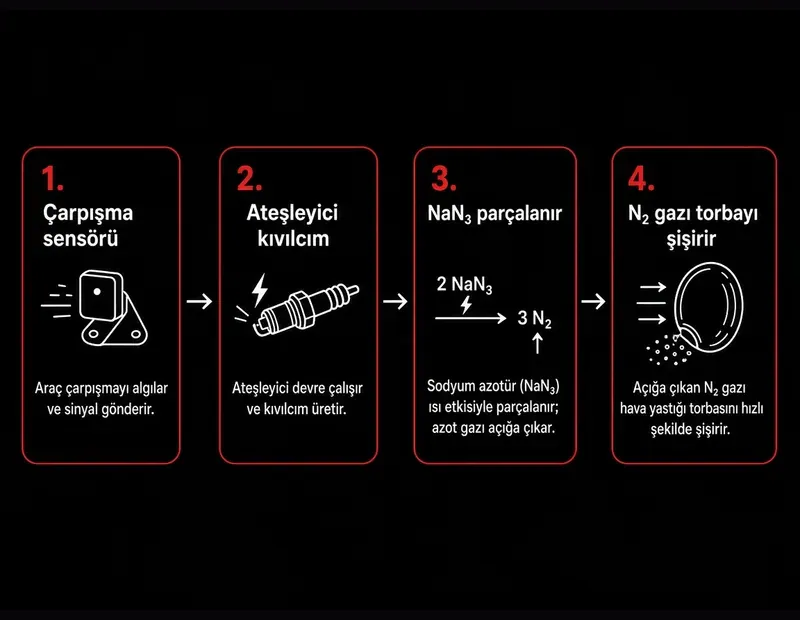 Hava yastığı nasıl şişer? Sensör, ateşleyici, NaN3 parçalanma ve N2 gazı adım şeması TYT