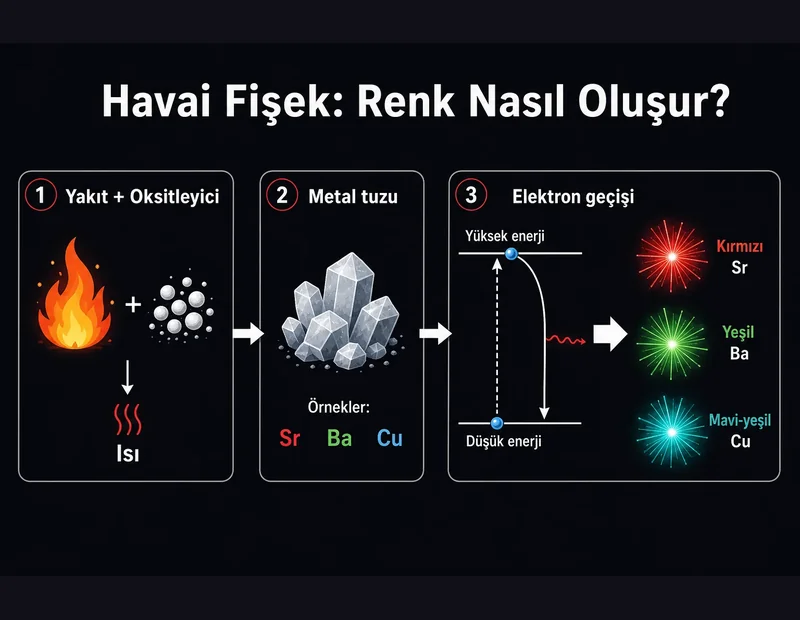 Havai fişek şeması: yakıt ve oksitleyici ısı üretir, metal tuzu elektron geçişiyle Sr Ba Cu renkli ışık yayar