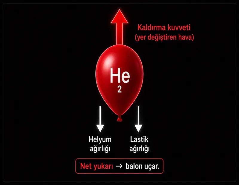 Helyum balonda kaldırma kuvveti, helyum ağırlığı ve lastik ağırlığı denge şeması