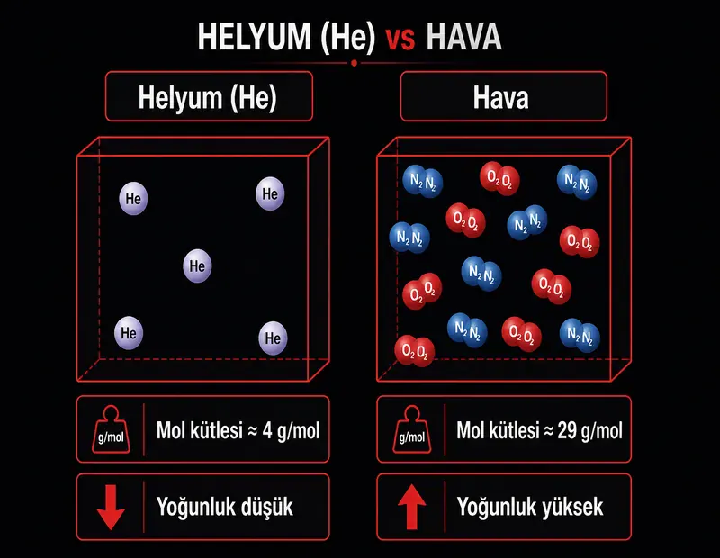 Helyum balon neden uçar: helyum ve hava mol kütlesi ile yoğunluk karşılaştırması şeması