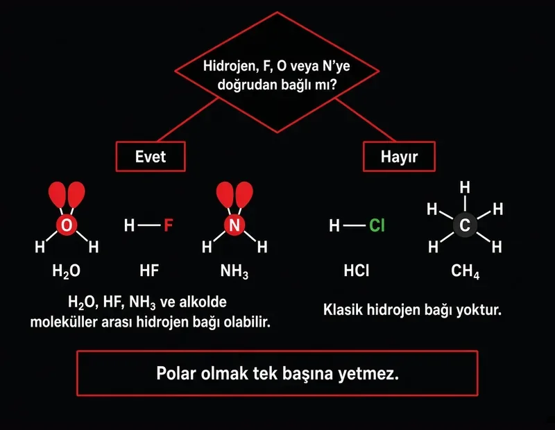 Hidrojen bağı var mı karar şeması: H2O, HF ve NH3 evet; HCl ve CH4 hayır TYT görseli