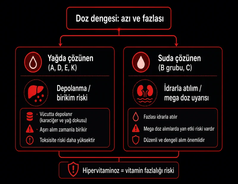 Hipervitaminoz şeması: yağda çözünen A D E K depolanma riski, suda çözünen B ve C atılım ve yüksek doz uyarısı