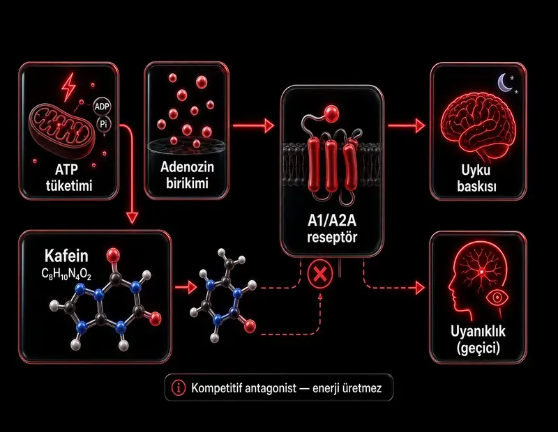 Kafein adenozin reseptör şeması: A1 ve A2A reseptörlerinde kompetitif antagonist bağlanma, adenozin uyku sinyali bloğu ve geçici uyanıklık