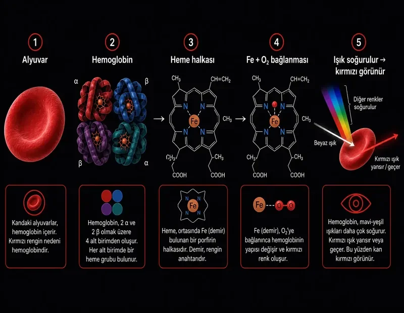 Kan neden kırmızıdır şeması: alyuvar, hemoglobin, heme halkası ve merkezdeki demir ile oksijen bağlanması