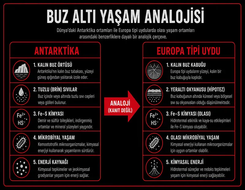 Kan şelalesi ve uzay analojisi: Antarktika buz altı tuzlu su ile Europa tipi buz kabuklu okyanus karşılaştırması