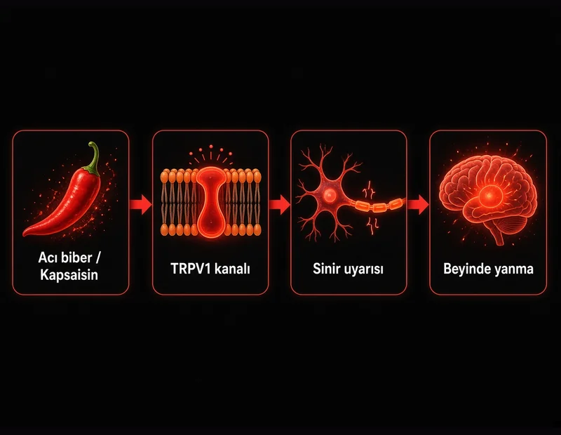 Kapsaisin TRPV1 sıcak hissi akışı: acı biber, sinir kanalı, beyinde yanma yorumu şeması