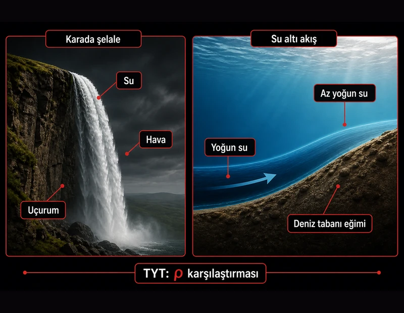 Karada şelale ile su altı yoğunluk akışını karşılaştıran TYT kimya şeması (Angel vs Danimarka)