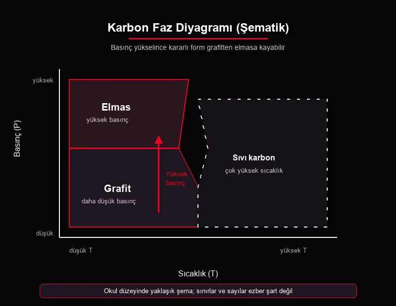 Karbon faz diyagramı şeması TYT: grafit, elmas ve sıvı karbon bölgeleri ile basınç etkisi
