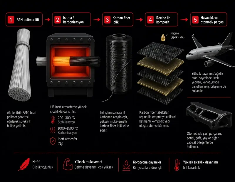 Karbon fiber üretim akışı: PAN lifi, karbonizasyon, fiber iplik, reçine kompozit, havacılık ve otomotiv parçası