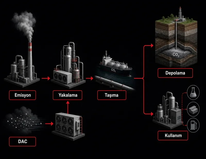 Karbon yakalama akışı: emisyon kaynağı, CO2 yakalama, taşıma, yeraltı depolama veya kullanım ve DAC dalı