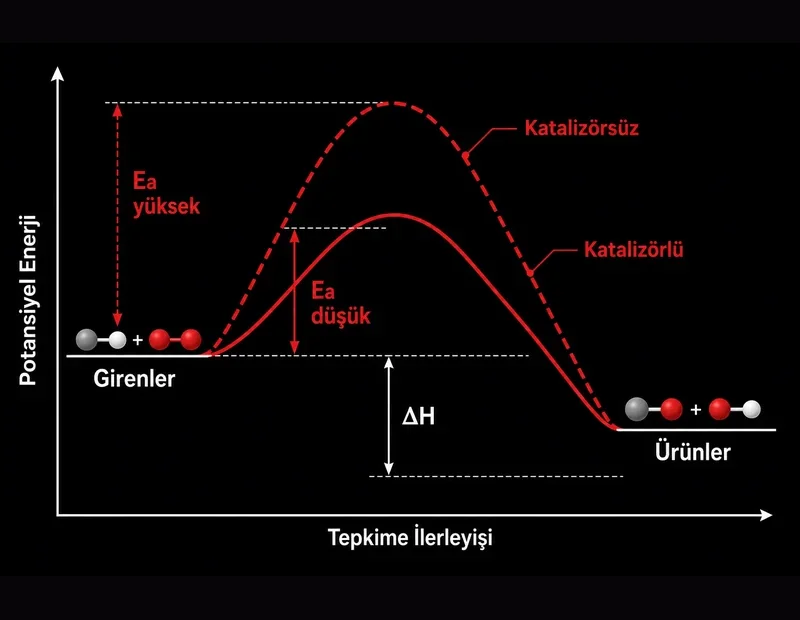 Katalizör şeması: katalizörsüz yüksek aktivasyon enerjisi, katalizörlü düşük enerji yolu ve aynı ısı değişimi