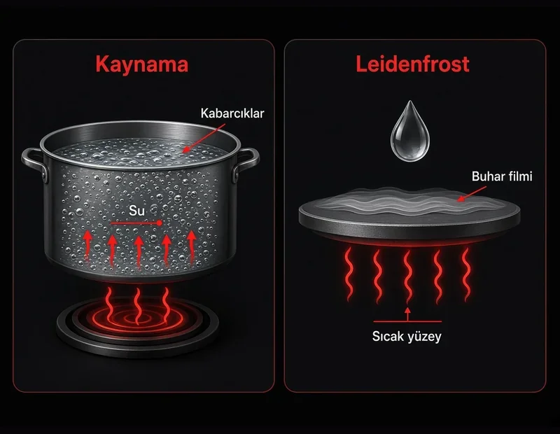 Kaynama ile Leidenfrost farkı: kabarcıklı kaynama ve buhar yastığı karşılaştırma şeması