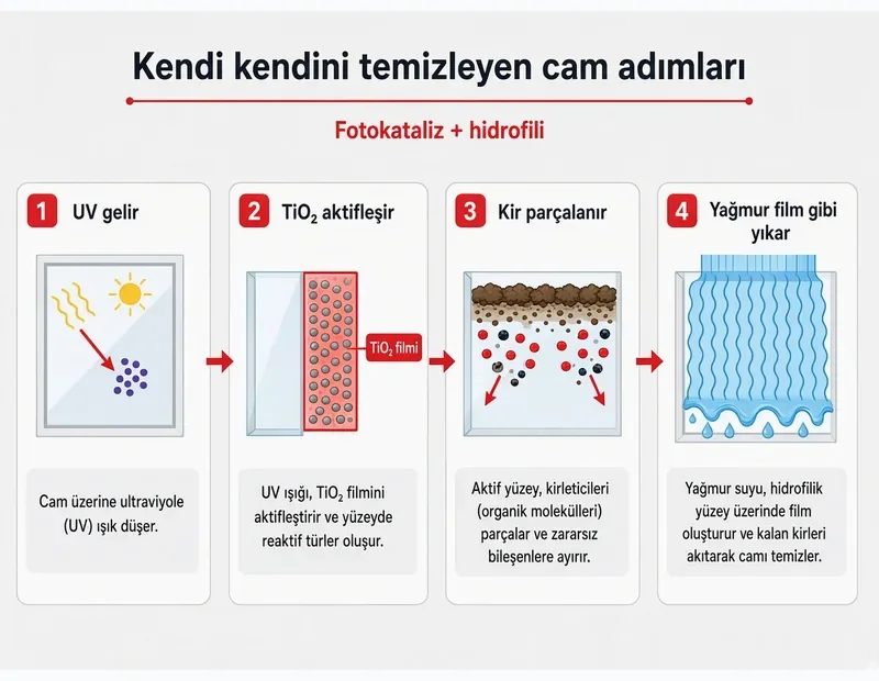 Kendi kendini temizleyen cam nedir? Fotokatalitik cam adımları: UV, TiO2 film, organik kir parçalanma, hidrofilik yağmur filmi TYT