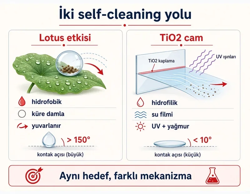 Lotus etkisi hidrofobik büyük temas açısı vs TiO2 fotokatalitik cam hidrofilik küçük temas açısı ve UV self cleaning karşılaştırma TYT