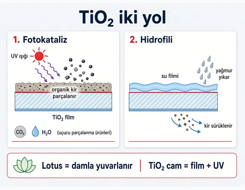Fotokatalitik cam TiO2 iki yol: UV fotokataliz organik kir parçalanma ve hidrofilik su filmi küçük temas açısı yağmur şeması TYT