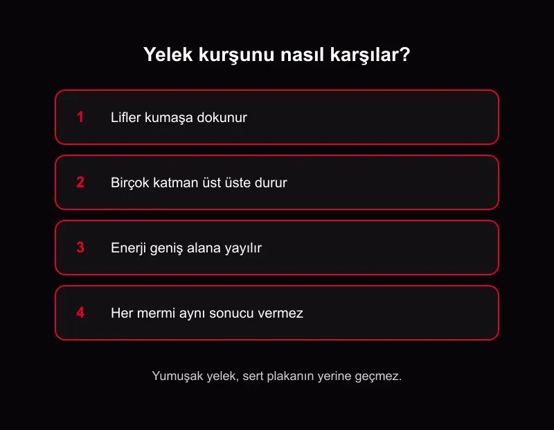 Kevlar yelek şeması: liflerin kumaşa dokunması, birçok katmanın üst üste durması ve enerjinin geniş alana yayılması