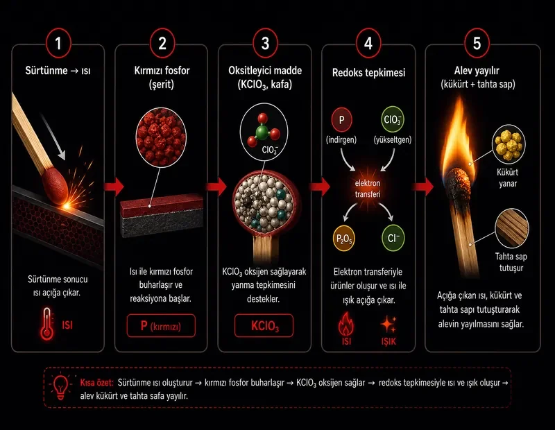Kibrit nasıl yanar şeması: sürtünme ısısı, kırmızı fosfor, oksitleyici madde, redoks ve alev yayılması