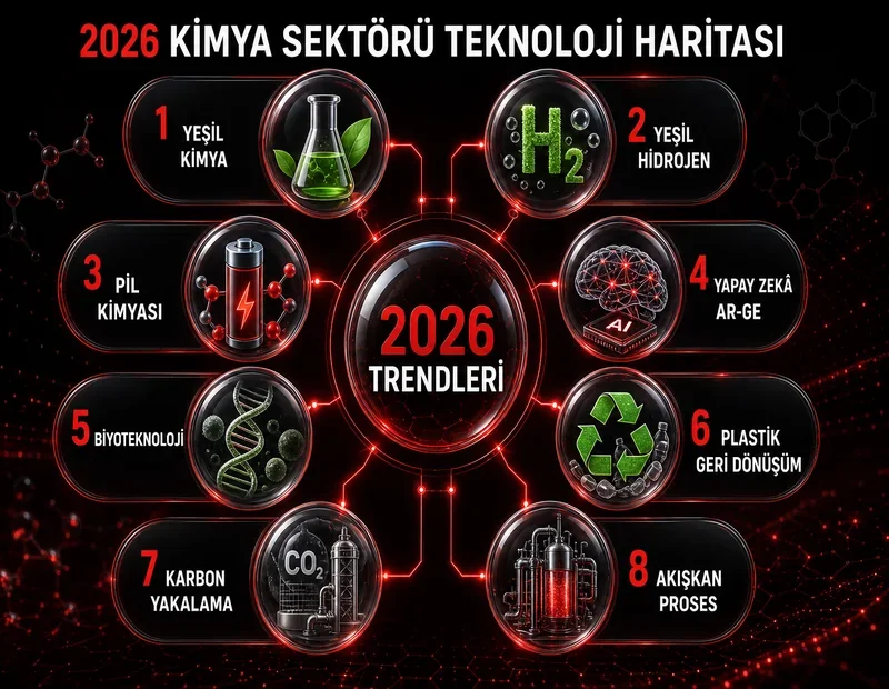 Kimya sektörü 2026 teknoloji haritası: yeşil kimya hidrojen pil yapay zekâ biyoteknoloji geri dönüşüm karbon yakalama