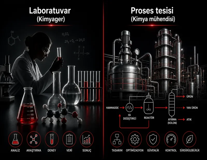 Kimyager laboratuvarı ile kimya mühendisi endüstriyel tesis karşılaştırma şeması; analiz ve proses ölçeği