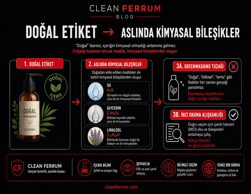 Kimyasal içermez yalanı şeması: doğal kozmetik etiket aqua gliserin linalool greenwashing INCI TYT kimya