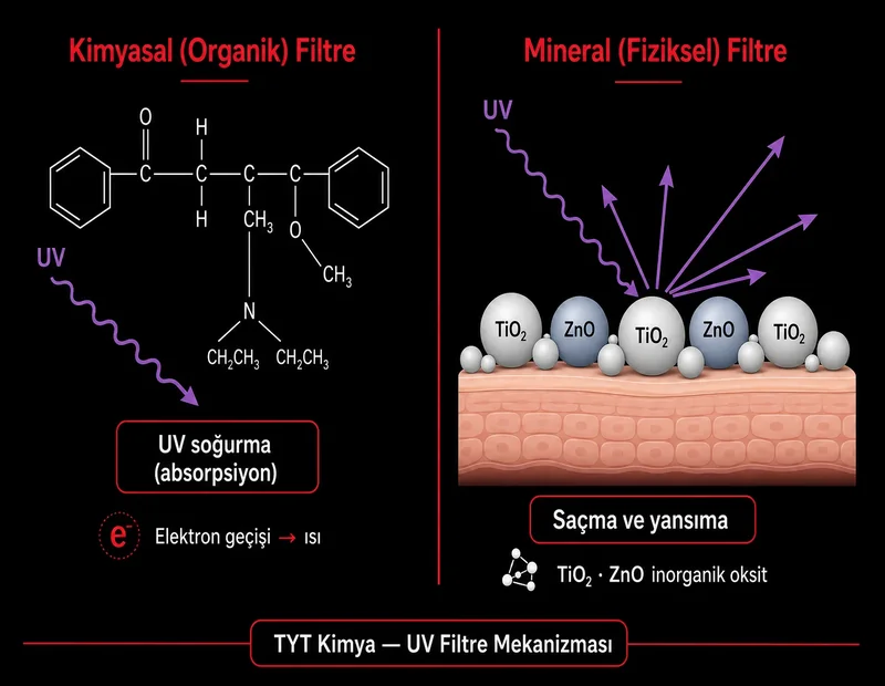 Kimyasal organik UV filtresi soğurma ve mineral fiziksel TiO2 ZnO UV soğurma saçma yansıma mekanizması karşılaştırma şeması; TYT kimya güneş kremi diyagramı