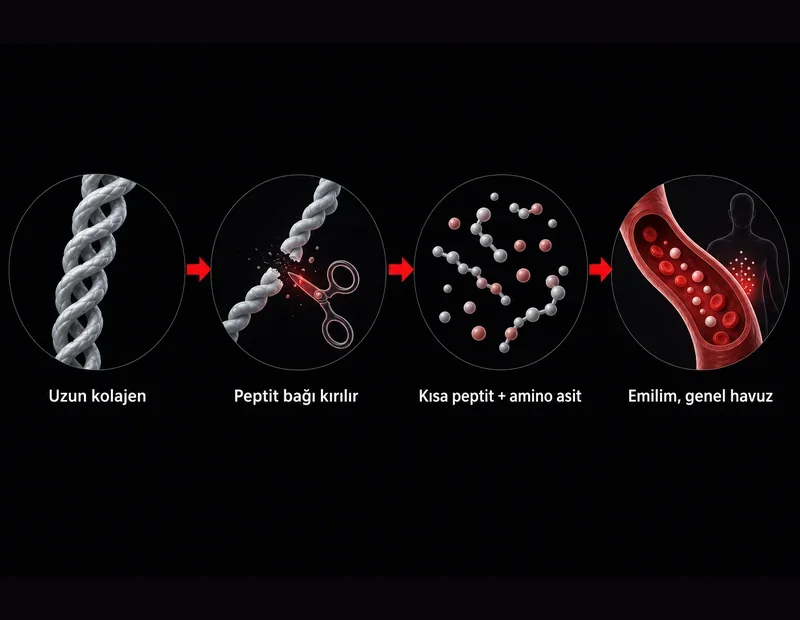 Kolajen takviyesi şeması: peptit bağı hidrolizi, kısa peptitler, amino asit emilimi ve genel protein havuzu