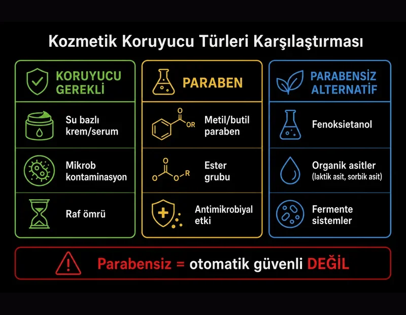 Kozmetik koruyucu türleri şeması paraben fenoksietanol fermente parabensiz antimikrobiyal raf ömrü TYT