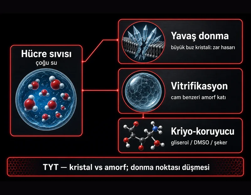 Yavaş donma vs vitrifikasyon farkı (TYT): hücre sıvısı, kristal hasarı, amorf katı ve kriyo-koruyucu akış şeması