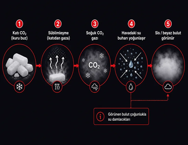 Kuru buz şeması: katı CO2 süblimleşmesi, soğuk gaz ve havadaki nemin sis olarak yoğunlaşması