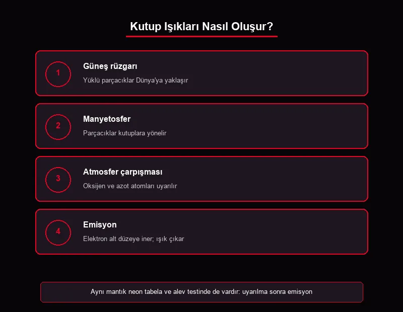 Kutup ışıkları neden renklidir oluşum şeması TYT: güneş rüzgarı, manyetosfer, uyarılma ve emisyon