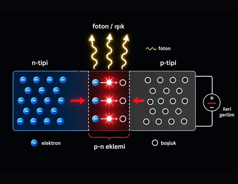 LED ampul nasıl ışık verir şeması: n-tipi elektron, p-tipi boşluk, p-n eklemi birleşmesi ve foton salınımı
