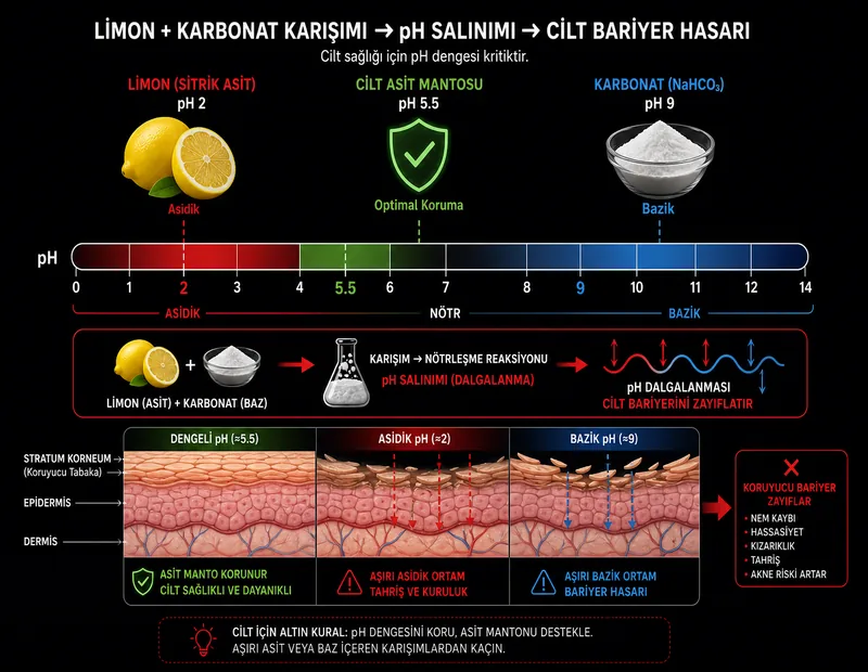 Limon karbonat cilt pH şeması: sitrik asit pH 2, karbonat bazik pH 9, cilt asit mantosu pH 5.5 tahriş TYT kimya