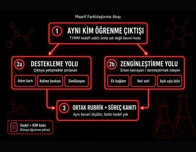Maarif farklılaştırma akış şeması: 1 aynı KİM öğrenme çıktısı, 2a destekleme yolu (adım kartı, kelime bankası, simülasyon), 2b zenginleştirme yolu (ek bağlam, veri seti, açık uçlu ürün), 3 ortak rubrik ve süreç kanıtı