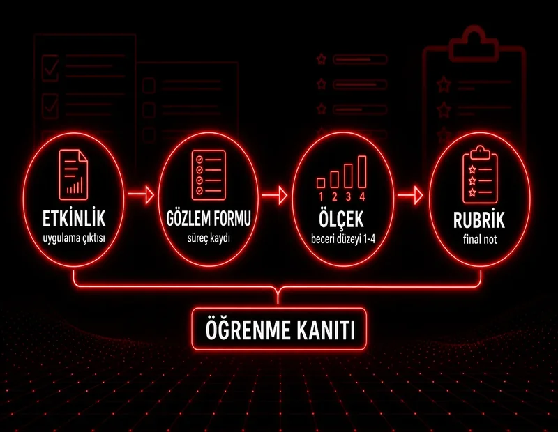 Maarif öğrenme kanıtı akış şeması; etkinlik gözlem formu ölçek ve rubrik sırası TYMM kimya