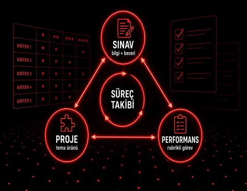 Maarif ölçme değerlendirme sınav proje performans üçgeni; süreç takibi merkezde rubrik ve not dağılımı şeması