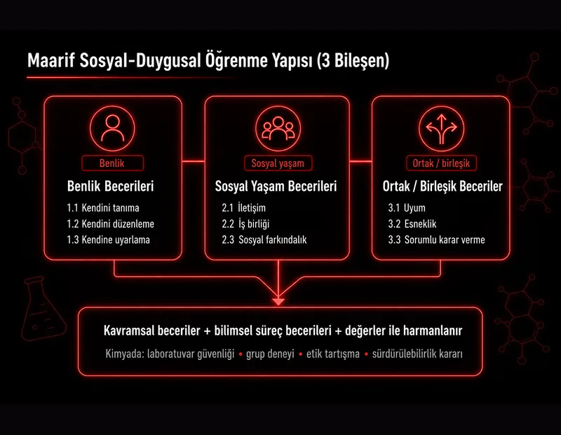 Maarif sosyal-duygusal öğrenme yapısı şeması: benlik, sosyal yaşam ve ortak birleşik beceriler; kavramsal ve bilimsel süreç becerileriyle harmanlanma