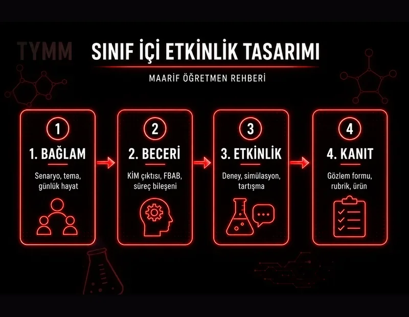 Maarif sınıf içi etkinlik akış şeması: 1 bağlam senaryo tema, 2 beceri KİM çıktısı FBAB süreç bileşeni, 3 etkinlik deney simülasyon, 4 kanıt gözlem formu rubrik ürün