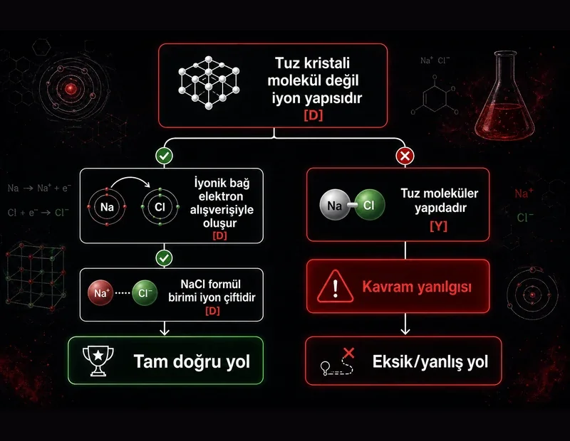 Kimya tanılayıcı dallanmış ağaç örneği: tuz kristali iyon yapısı, iyonik bağ elektron alışverişi, NaCl formül birimi ve kavram yanılgısı dalları