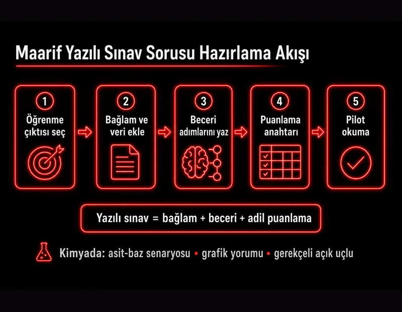 Maarif yazılı sınav sorusu hazırlama akışı: öğrenme çıktısı, bağlam, beceri adımları, puanlama anahtarı ve pilot okuma
