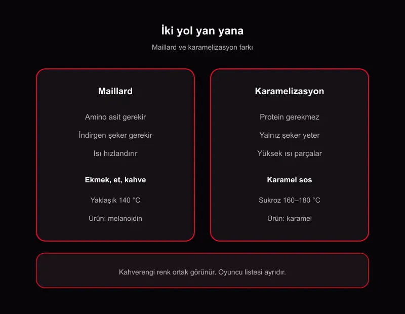 Maillard ile karamelizasyon farkı: amino asit gerekir, yalnız şeker gerekmez şeması