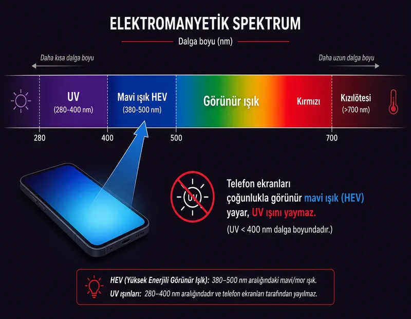 Elektromanyetik spektrumda UV, mavi ışık HEV ve görünür ışık bölgeleri; telefon ekranı mavi ışık yayar UV değil şeması
