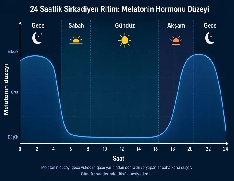 Sirkadiyen ritim şeması: 24 saat melatonin eğrisi, gündüz düşük gece yüksek salınım