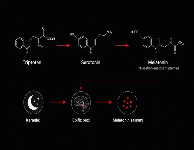 Melatonin sentez akış şeması: triptofan serotonin melatonin yolu, karanlık epifiz bezi salınımı