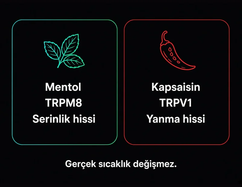 Nane neden soğuk biber neden sıcak: mentol TRPM8 ve kapsaisin TRPV1 karşılaştırma şeması